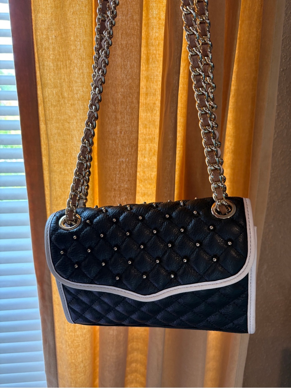 Rebecca Minkoff Black Quilted Leather Studded  Crossbody Ivory Trim Gold Chain
